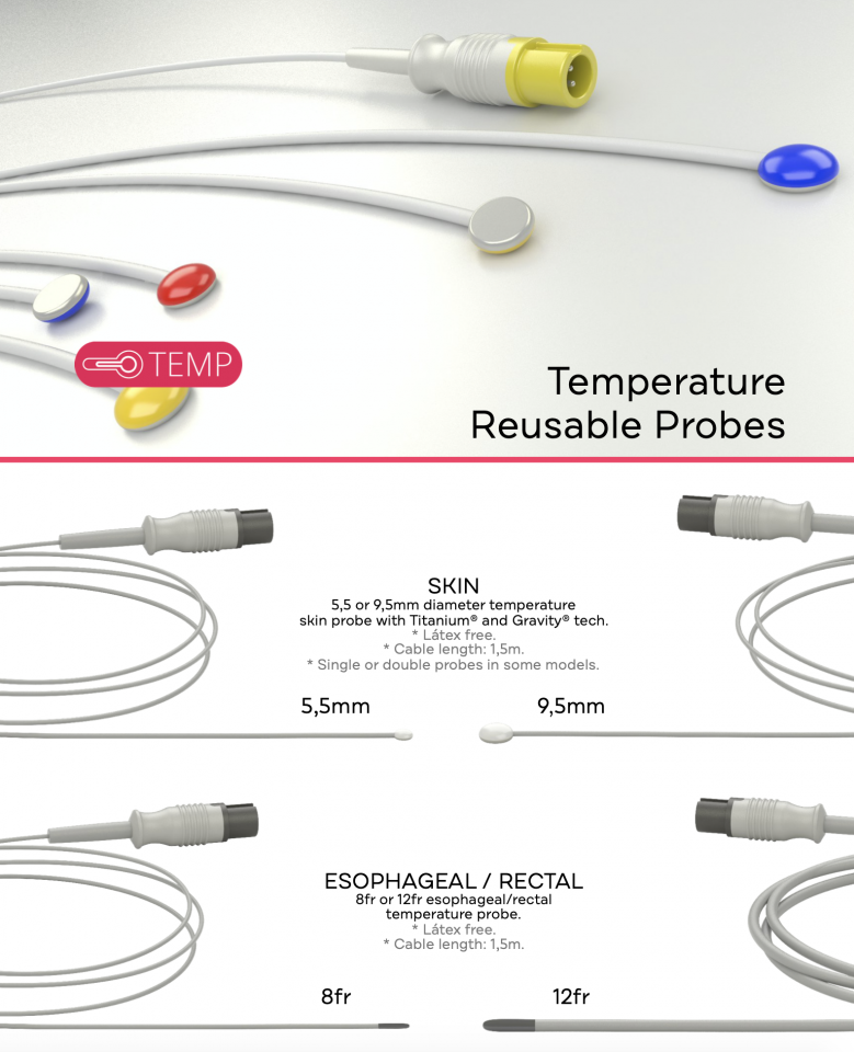 The Temperature Compatible Reusable Probes can be: 9,5mm SKIN, 5,5mm SKIN, 8fr ESOPHAGEAL - RECTAL, 12fr ESOPHAGEAL - RECTAL, AIR, DUAL AIR, or TIMPANIC.