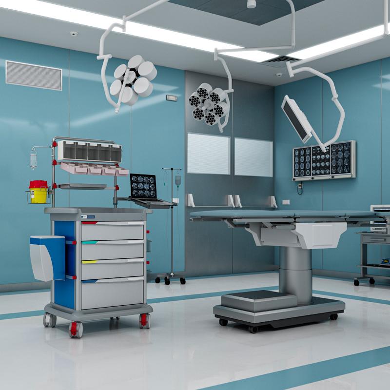 Blue PRECISO anaesthesia trolley in an operating room